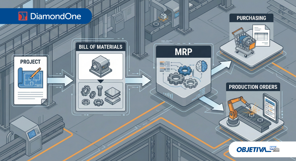 Fluxo de MRP por projeto no SAP Business One, da demanda à compra e produção, com DiamondOne