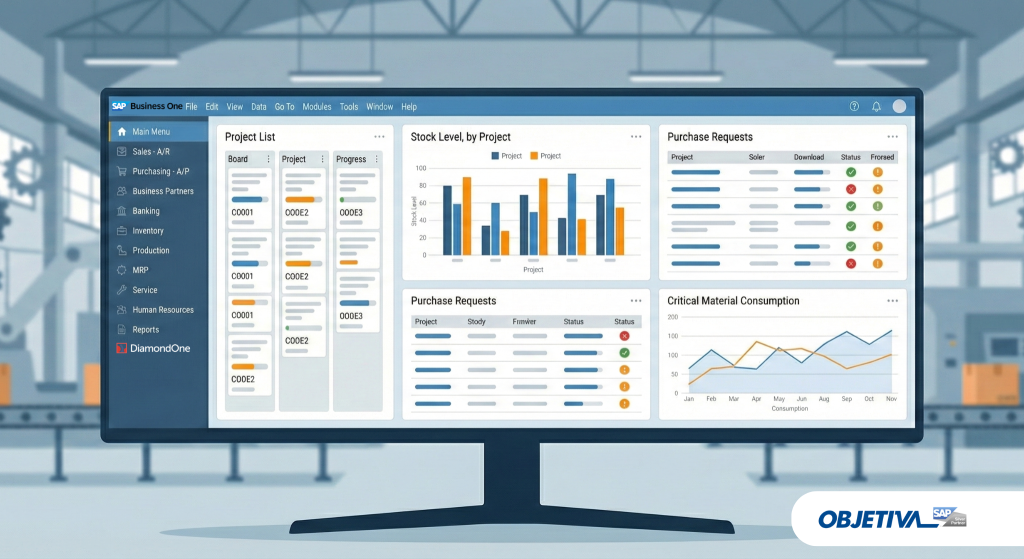 Dashboard de ERP mostrando estoque por projeto, solicitações de compra e MRP no SAP Business One