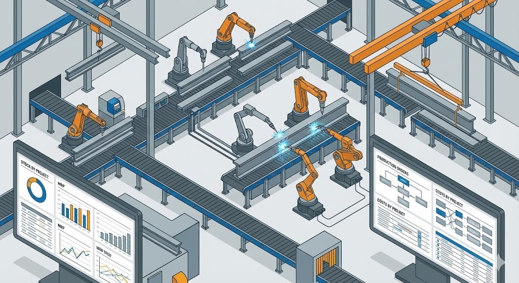 Linha de produção com dashboards de gestão de estoque por projeto no SAP Business One e DiamondOne