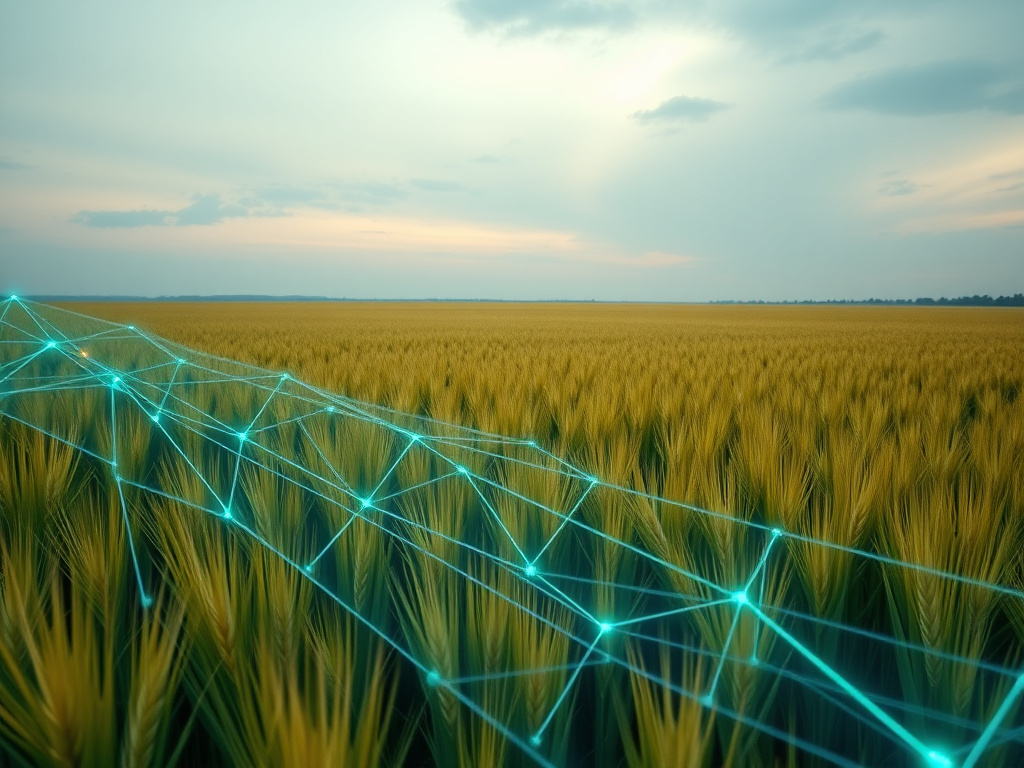 Cinematic photography, ultra-wide landscape (16:9 aspect ratio). A vast, healthy field of golden wheat or vibrant green soybeans stretches towards a clear horizon under a serene, slightly dramatic sky. In the foreground, subtle abstract digital data streams and glowing geometric lines, in shades of deep blue and emerald green, form a protective, almost ethereal shield over the crops. These financial 'hedging' elements subtly contain or stabilize faint, turbulent streaks of orange and red, symbolizing market volatility, which are visible on the edges of the frame. The overall mood is one of strategic security, calm resilience, and forward-thinking stability amidst potential economic uncertainty. Dominant colors are rich agricultural greens and golden yellows, intricately woven with cool blues, emerald greens, and hints of white for the protective digital overlay. Professional lighting, sharp focus, high contrast.