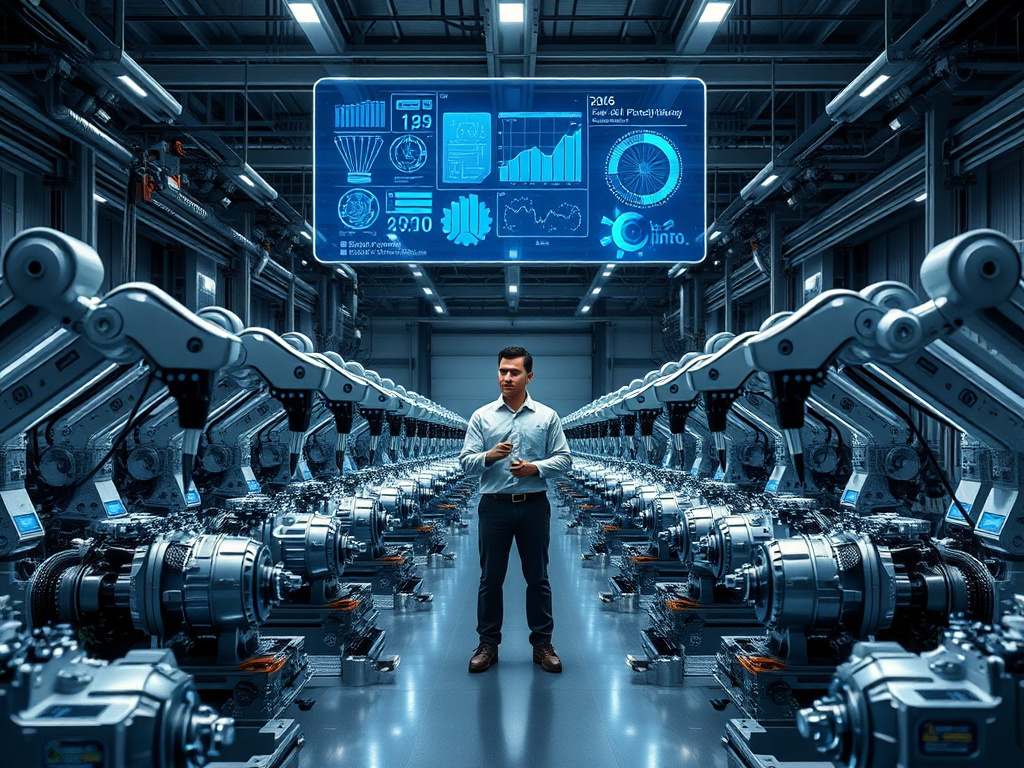 Hyper-realistic photograph of a cutting-edge, automated metal-mechanical factory floor in 2026. The scene is dominated by multiple sleek, advanced robotic arms working in synchronized precision on complex metallic components. Holographic, transparent digital interfaces float above workstations, displaying real-time data, schematics, and efficiency metrics with vibrant electric blue glows. A human engineer, dressed in modern industrial attire, stands in the mid-ground, observing or interacting with a large touchscreen display, embodying the 