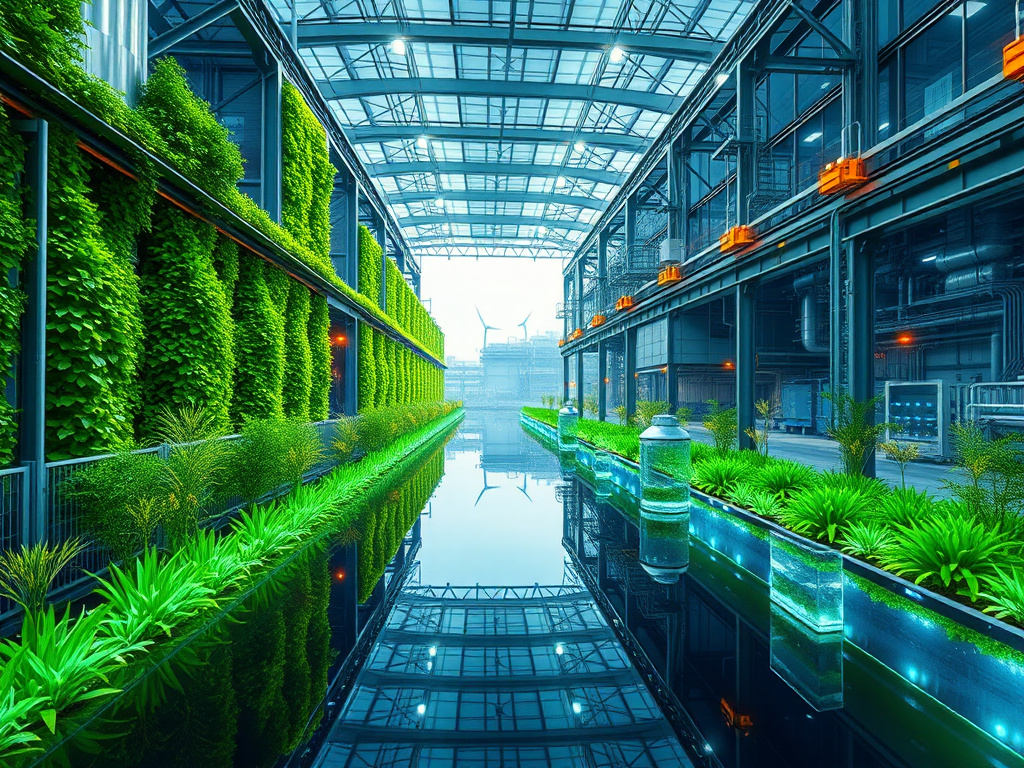 High-resolution professional photograph of a cutting-edge plastic manufacturing facility, envisioned as a strategic pillar of sustainability. The scene showcases sleek, modern industrial architecture and advanced machinery, seamlessly integrated with vibrant green elements like vertical gardens, bioluminescent pathways, or clean energy infrastructure (e.g., subtle solar arrays, wind turbines in the distance). Crystal-clear water features reflect the innovative environment, symbolizing purity and circularity. The composition should convey a strong sense of upward momentum and strategic foundation, with a focus on smart design and technological advancement. The overall mood is optimistic, forward-thinking, and strategically responsible. Dominant colors are a harmonious blend of deep greens, rich blues, metallic silvers, and bright whites, with subtle golden accents highlighting value and innovation. Bright, clean lighting illuminates the scene, emphasizing clarity and hope for the future. Landscape format (16:9).