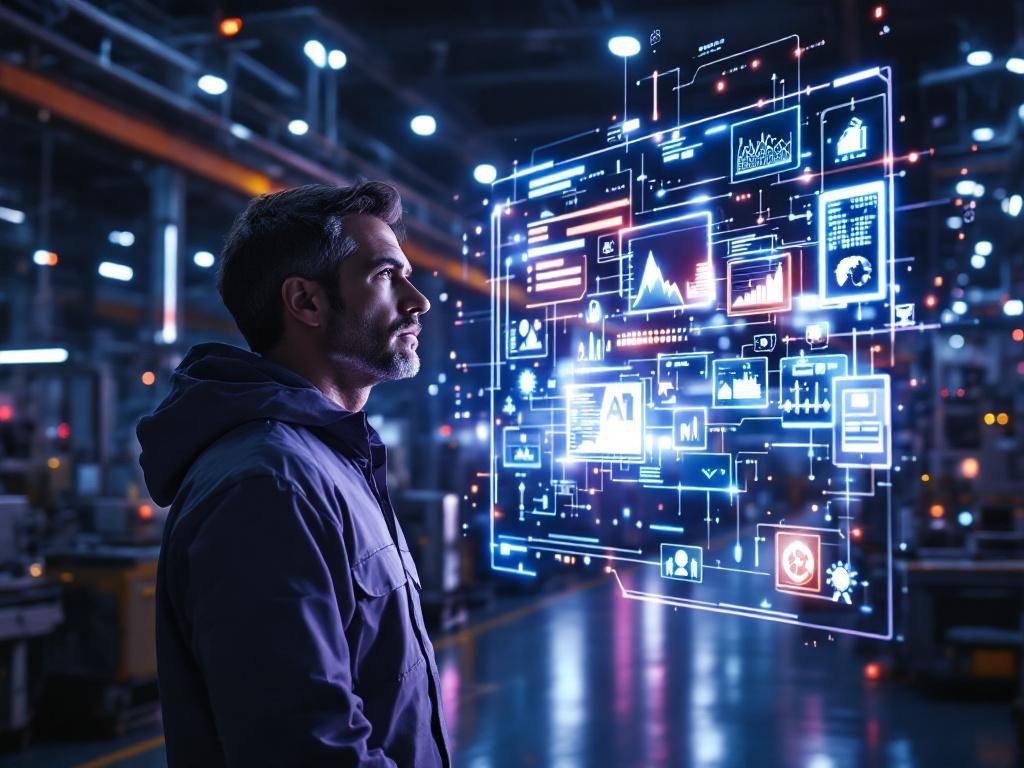 Hyperrealistic cinematic photography of a modern, high-tech factory floor at dusk. A focused manufacturing manager, with a determined yet insightful expression, stands amidst sleek industrial machinery, interacting with a complex, glowing holographic interface that projects real-time data analytics, predictive models, and strategic insights directly into the factory environment. Digital lines of light and abstract data streams flow from the interface, connecting to various smart machines and sensors, illustrating AI-driven decision-making and optimization. The atmosphere is futuristic, efficient, and profoundly insightful, conveying a sense of controlled complexity and advanced problem-solving. Dominant colors: Deep blues, electric purples, and cool greens highlight the AI elements, contrasting with industrial grays and metallic silver tones of the factory, with subtle warm orange accents for urgency or focus. Landscape (16:9).