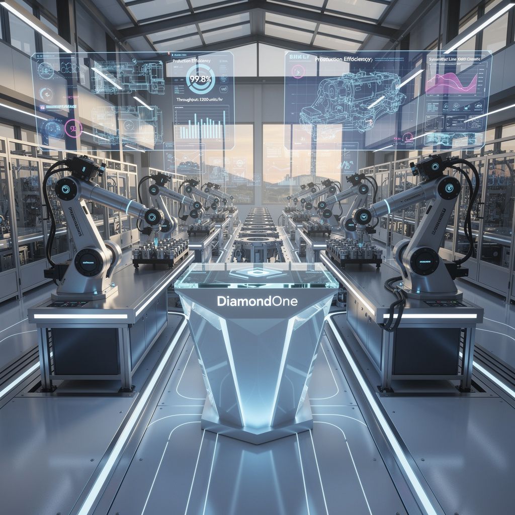 A highly detailed, professional photograph of a futuristic, digitally transformed manufacturing factory floor at dawn. The scene is clean, organized, and bustling with advanced automation and robotics. Robotic arms are precisely working on an assembly line, illuminated by soft, cool-toned LED lights. Large, transparent digital displays float in the air, showcasing real-time data, schematics, and production metrics in glowing blue and white interfaces. In the center, a prominent, sleek, advanced technological hub or console, perhaps with a subtle crystalline glow, emanates a soft, bright blue light, symbolizing the 'DiamondOne' system. The overall mood is one of innovation, efficiency, and quietly powerful precision. Dominant colors are cool blues, crisp whites, and various shades of industrial grays and silvers, with subtle accents of bright cyan and magenta in the digital displays. The lighting is soft and ambient, highlighting the metallic surfaces and digital elements. Shot in a wide, expansive landscape format (16:9).