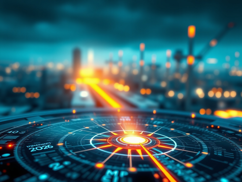 A high-tech 3D render or conceptual digital art piece depicting the transformation of complex industrial data into clear, actionable insights. The central focus is a sophisticated, luminous digital dashboard or control panel, displaying abstract data visualizations that coalesce into guiding 'compass' metaphors, represented by glowing golden pathways or directional indicators. These pathways extend towards a prosperous, thriving industrial landscape in the blurred background. Subtle abstract elements representing 'DiamondOne' and 'ERP Summit 2026' are integrated into the futuristic interface design. The overall mood is strategic, insightful, forward-looking, and empowering, emphasizing precision and agility. Dominant colors are deep blues and teals, accented vividly with glowing golds and oranges, with hints of subtle greens for growth. Landscape format (16:9).