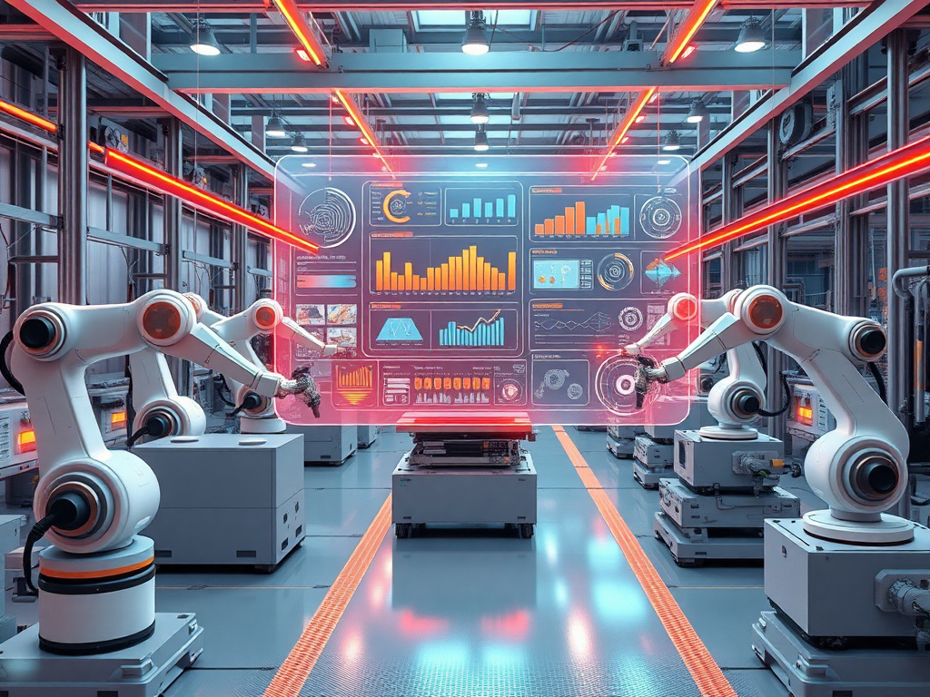 Hyperrealistic 3D render of a highly advanced, automated factory floor. The scene showcases a non-serial production environment, where sleek, white and chrome robotic arms are precisely assembling a variety of customized products in small batches on modular workstations. Central to the scene, a large, translucent holographic interface displays complex real-time data visualizations, production schedules, and intelligent ERP system controls, glowing with information. Vibrant electric orange and bright teal data streams flow seamlessly through the air, connecting machines and interfaces, symbolizing efficient communication and flexibility. The overall atmosphere is clean, futuristic, and highly organized, conveying a sense of intelligent control, innovation, and optimistic progress. Dominant colors are cool blues, greens, and polished metallic grays, accented by the luminous orange and teal data flows. Landscape format (16:9).