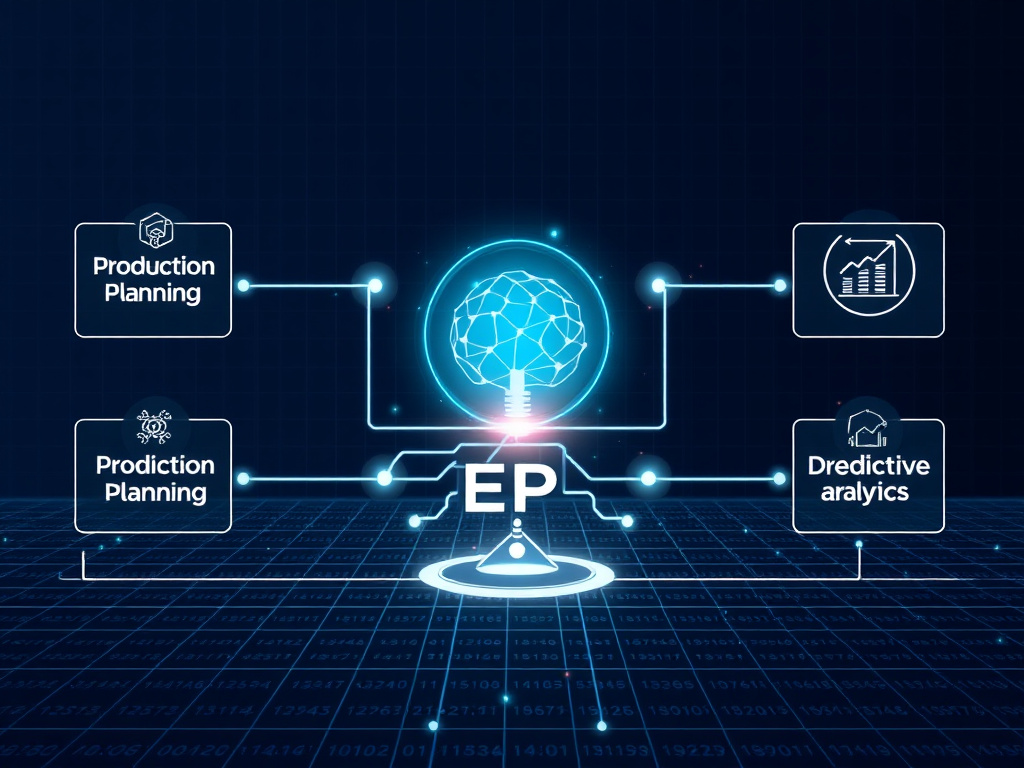 A sleek, modern infographic illustration depicting the seamless integration of an advanced AI system with traditional ERP modules. The AI core, represented by a glowing neural network icon, sits centrally, connecting via dynamic, luminous data streams to various ERP components like 'Production Planning,' 'Inventory Management,' and 'Supply Chain.' Real-time data flows are highlighted with subtle animation lines and arrows, emphasizing optimization and predictive analytics. The background is a clean, minimalist digital grid, with dominant colors of tech-blue, data-green, and white, conveying innovation and efficiency. Landscape (16:9) aspect ratio.