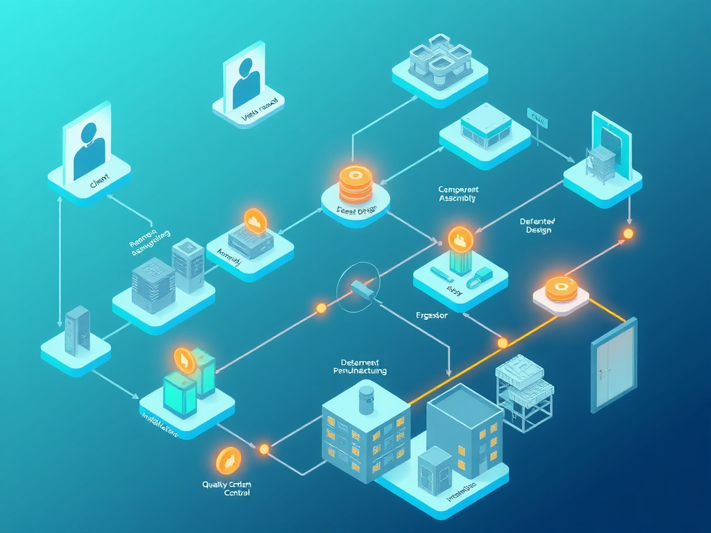 An intricate, clean isometric illustration of a custom elevator order workflow. It begins with a client icon, flowing through distinct stages: initial request, detailed design, component manufacturing, assembly, quality control, and finally, installation at a building site. Highlighted decision points are represented by glowing nodes or diverging paths, indicating potential complexity. Use a palette of cool blues, teals, and greens, with warm orange accents for critical decision points. The overall mood is one of clarity, precision, and controlled complexity. Emphasize a modern, digital interface aesthetic. --ar 16:9