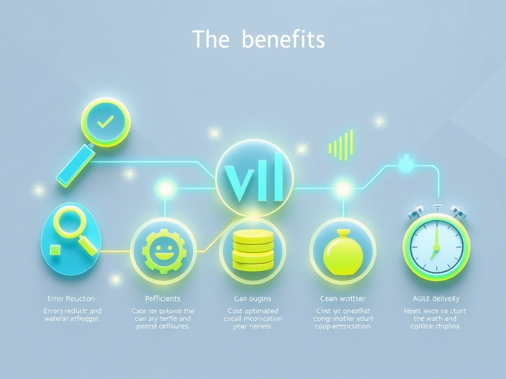 Infográfico mostrando os principais benefícios de um sistema de produção otimizado: redução de erros, aumento de eficiência, melhoria na satisfação do cliente, otimização de custos e agilidade na entrega.