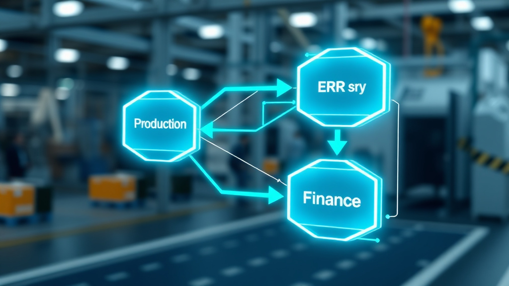 Um gráfico mostrando o fluxo de dados entre diferentes módulos de um sistema ERP (Vendas, Produção, Estoque, Finanças) em um ambiente industrial. Setas indicam a integração de informações.