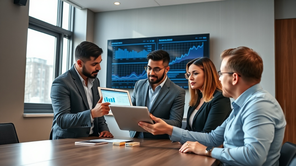 Uma equipe de gestores em uma sala de reunião moderna, analisando dados em um tablet e um monitor, simbolizando planejamento estratégico e tomada de decisão.