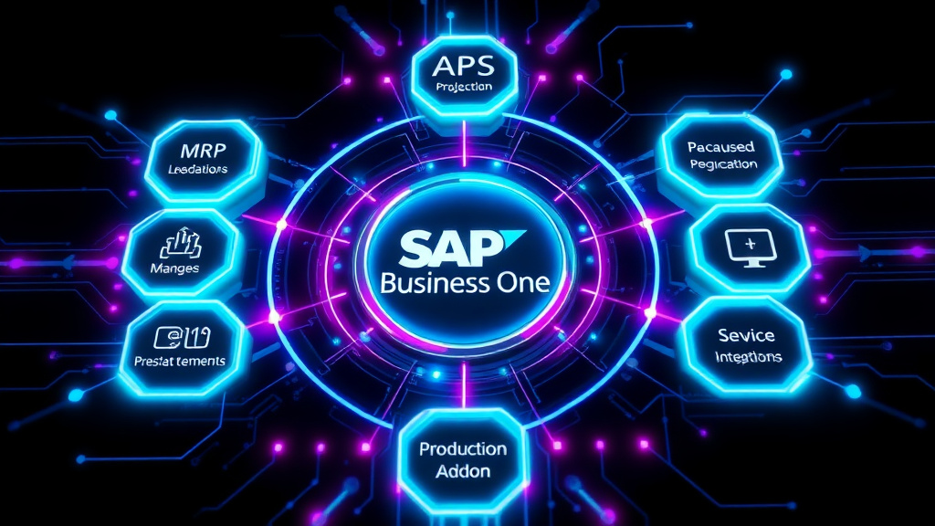 Um diagrama mostrando como diferentes addons (MRP, APS, Addon Produção) se conectam ao SAP Business One, formando um ecossistema integrado para otimização de processos.