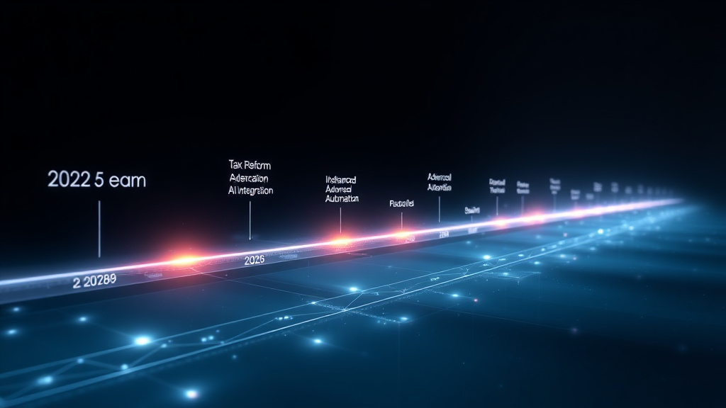 Uma linha do tempo futurista mostrando os marcos de evolução do SAP Business One, com pontos importantes como 