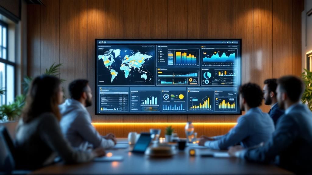 Um grupo de engenheiros e gerentes de fábrica colaborando em torno de uma tela grande que exibe um painel de controle de ERP com gráficos e análises de IA. O ambiente é moderno e colaborativo, com pessoas de diversas idades.