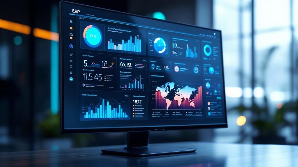 Uma interface de software ERP futurista e limpa, mostrando gráficos de desempenho de produção, indicadores de IA e opções de personalização de produtos. O design é intuitivo e moderno, com foco na experiência do usuário.
