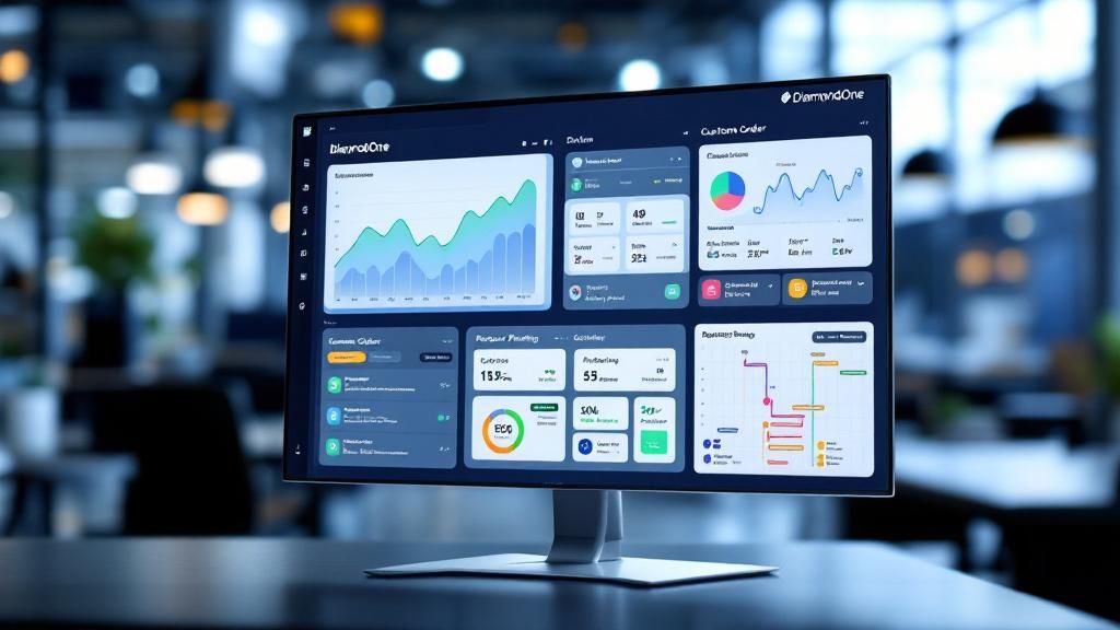 Mock-up ou captura de tela de uma interface intuitiva do DiamondOne, exibindo um painel de controle com gráficos de desempenho de produção, status de ordens e um visualizador de planejamento de recursos, destacando a facilidade de uso e a riqueza de dados.