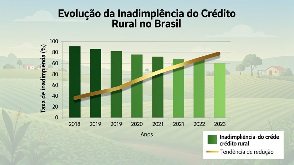 A sleek, modern infographic illustration of a bar chart depicting the evolution of rural credit delinquency in Brazil over several years, with all textual elements presented in Portuguese. The bars, in varying shades of green, show initial high points gradually decreasing. A prominent, smooth golden trend line gracefully descends across the chart, clearly indicating a positive reduction due to good management practices. The background features subtle, blurred outlines of Brazilian agricultural landscapes. Dominant colors are earthy greens, professional blues, and a vibrant gold. The overall mood is one of progress and cautious optimism. Aspect ratio 16:9.