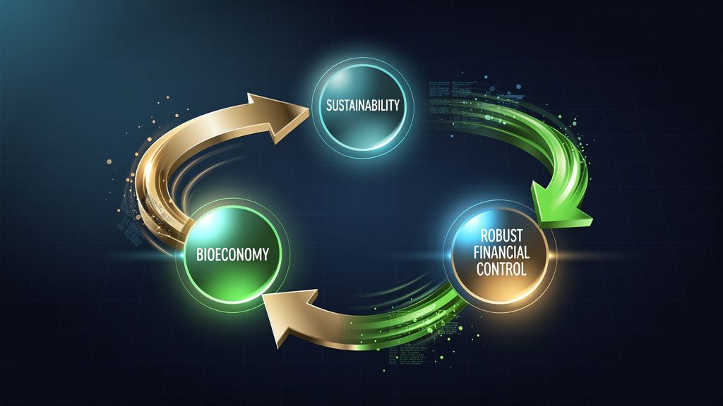 Um diagrama mostrando a interconexão entre sustentabilidade, bioeconomia, e controle financeiro robusto, com setas indicando fluxo de capital e benefícios.