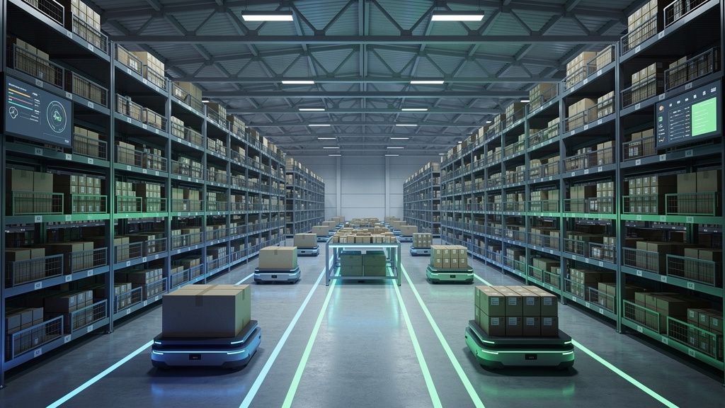 Um armazém moderno com robôs autônomos transportando caixas entre prateleiras altas. A iluminação é futurista e o ambiente transmite alta tecnologia e organização.