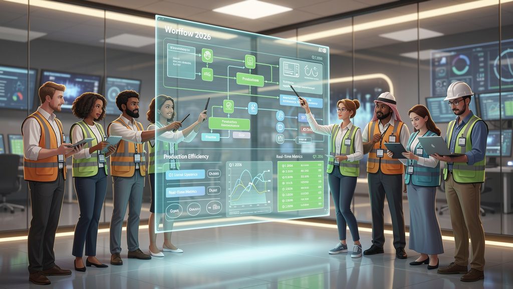 Um grupo de engenheiros e técnicos colaborando em torno de uma tela grande exibindo diagramas de fluxo de trabalho e dados de produção, simbolizando a integração de tecnologia e conhecimento humano.
