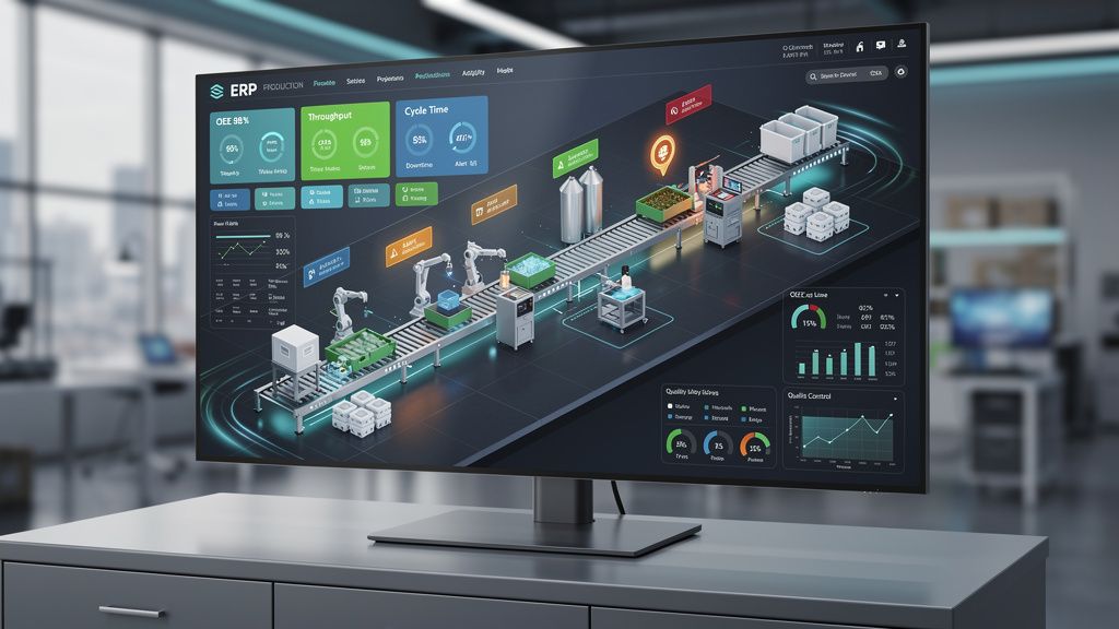 Uma representação visual de um painel de controle de produção em um software ERP, mostrando diferentes estágios de uma linha de produção, com indicadores de desempenho e alertas.