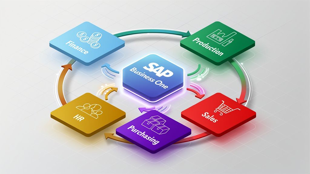 Um diagrama mostrando diferentes departamentos de uma empresa (finanças, produção, vendas, RH, compras) interconectados por um hub central representando o SAP Business One, com setas indicando o fluxo de dados.