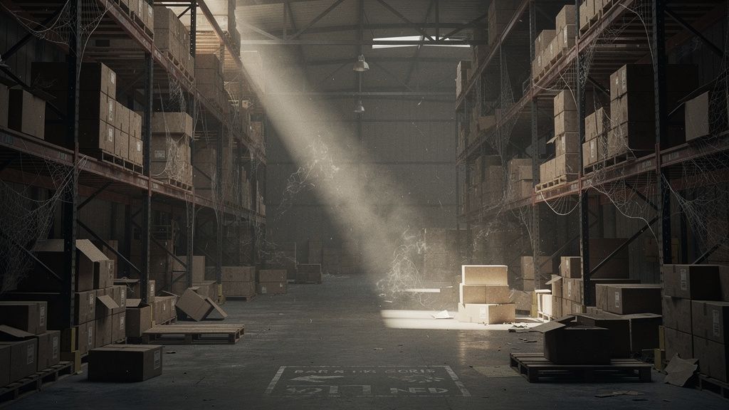 Warehouse shelves with dusty, untouched boxes, symbolizing dead stock.