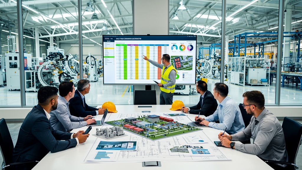 syneriumx-111-0 Professional high-quality photograph related to: Planejamento industrial de uma fabrica. Clean composition, modern style, vibrant colors, 16:9 landscape format, editorial photography.