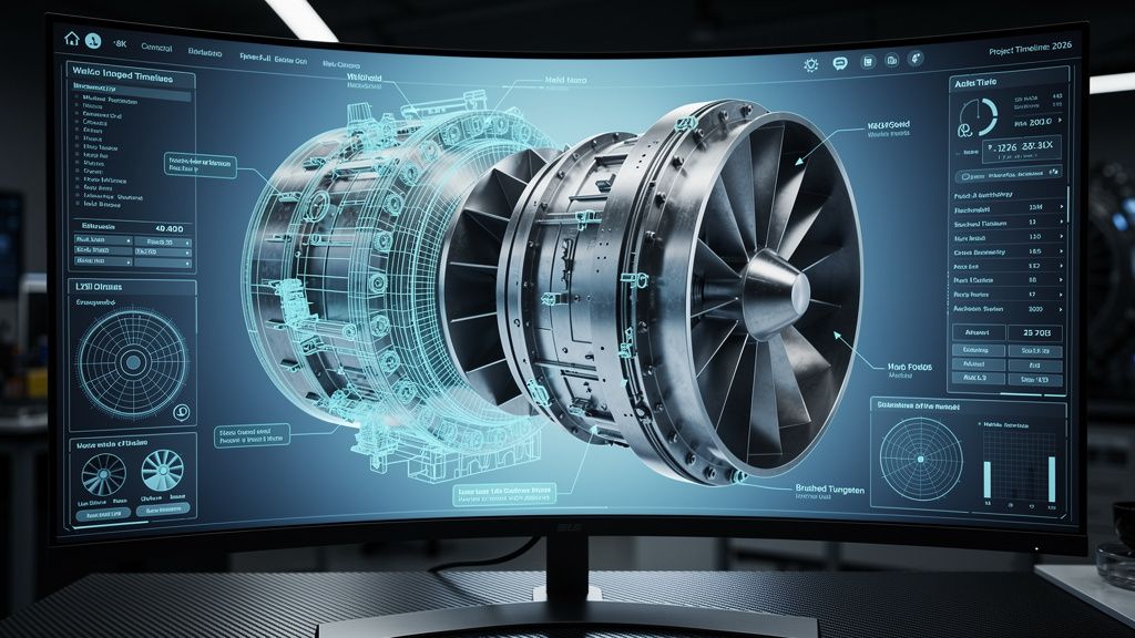 A hyper-realistic, cinematic close-up shot of a complex aerospace turbine assembly on a futuristic CAD interface. The model is displayed on a massive, curved, bezel-less 8K monitor, which dominates the frame from a slightly low camera angle. The scene is set in a dimly lit, state-of-the-art engineering lab. The CAD interface is minimalist and clean, with glowing cyan wireframe schematics, translucent data overlays, and intricate annotations detailing welds, bolts, and material specifications like machined titanium and brushed tungsten. The 3D model itself is rendered with extreme detail, showing photorealistic metallic textures and micro-scratches. Subtle on-screen text indicates a 