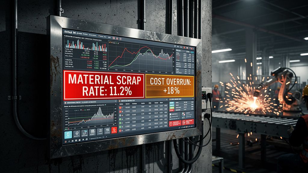 A factory floor dashboard showing real-time production costs and material usage