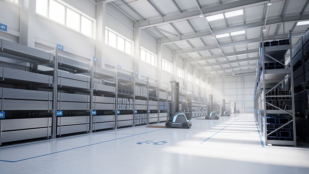 An organized warehouse with steel plates and profiles neatly stacked and labeled
