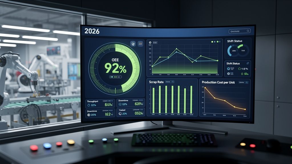 A photorealistic 3D render of a futuristic manufacturing control room dashboard, displayed on a sleek, wide-screen monitor. The focus is on real-time KPIs for the year 2026, with dynamic charts and glowing gauges showing OEE at 92%, a low Scrap Rate, and a decreasing Production Cost per Unit. The atmosphere is one of high-tech precision and efficiency. The dominant color palette is deep blue and metallic gray, with vibrant green and amber data visualizations creating a sharp contrast. The background is a slightly blurred, modern factory floor. Aspect ratio 16:9, ultra-detailed.
