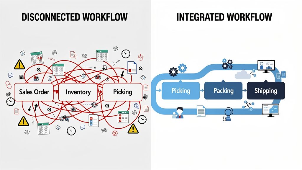 A diagram showing a disconnected workflow vs. an integrated workflow, from sales order to production to shipping.