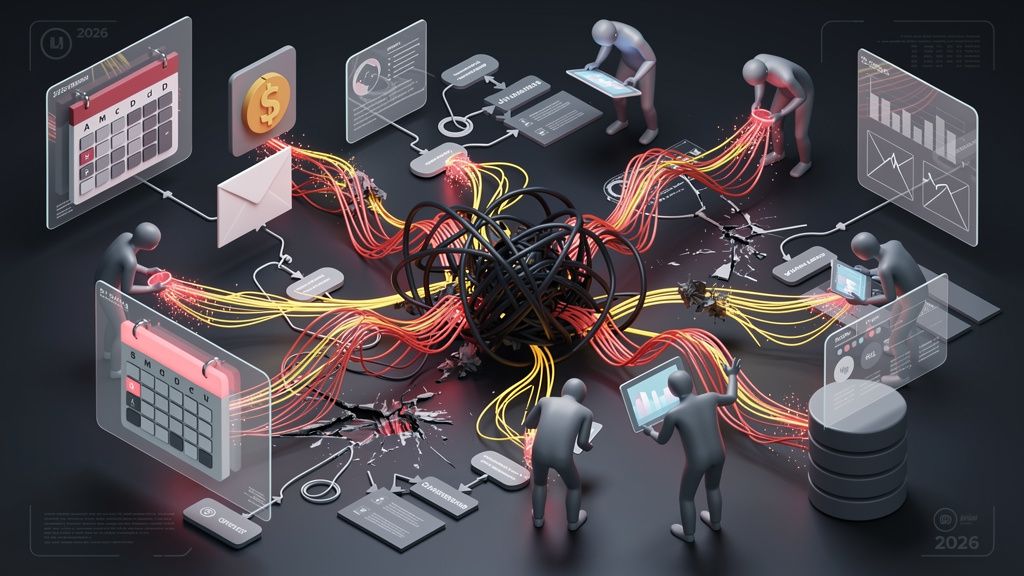 A 3D isometric illustration depicting a chaotic and convoluted business process. Tangled, glowing data streams in red and yellow connect disparate elements like floating spreadsheet icons, email symbols, and fragmented flowcharts. The connections are broken or lead into a messy, dark knot in the center, symbolizing data loss and confusion. The atmosphere is tense and overwhelming, with a dark, muted color palette. Abstract, featureless figures look on in frustration. The scene represents the financial blindness caused by disconnected systems in the year 2026. --ar 16:9