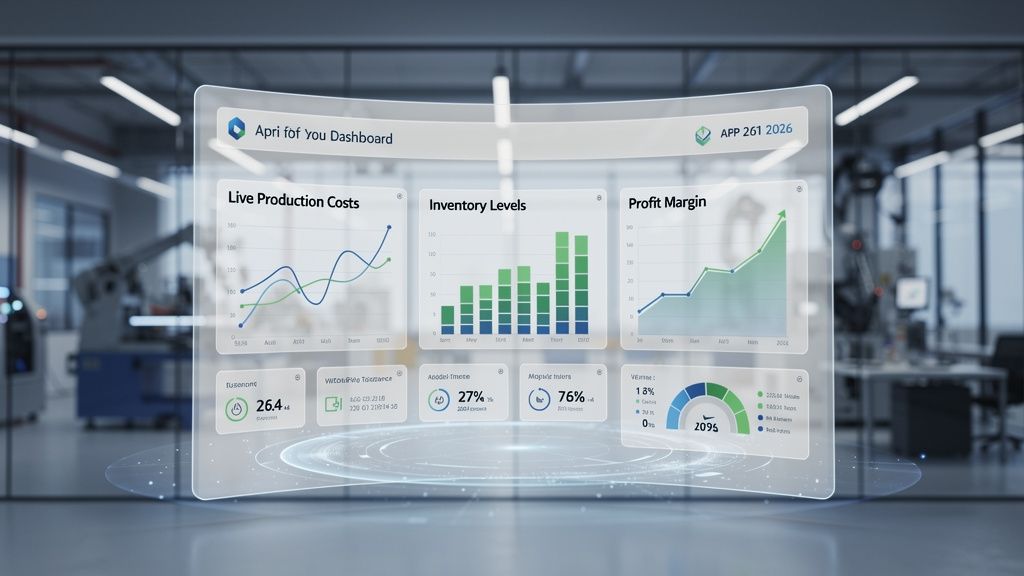 A clean dashboard of an integrated ERP showing real-time production costs and inventory levels