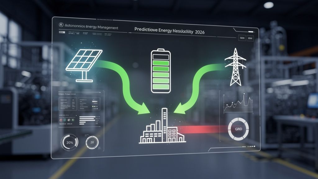 A sleek, futuristic 3D render of a holographic dashboard interface, displaying real-time predictive energy management for an industrial facility in 2026. The scene shows a clean, minimalist layout with icons for solar panels, battery storage, and the power grid. Glowing green arrows dynamically illustrate an optimized, autonomous flow of energy from solar and batteries to the facility, while a thin, red arrow indicates minimal grid usage. The atmosphere is calm, efficient, and technologically advanced, with a color palette of deep blues, clean whites, and vibrant greens. The background shows a modern factory, slightly blurred. --ar 16:9