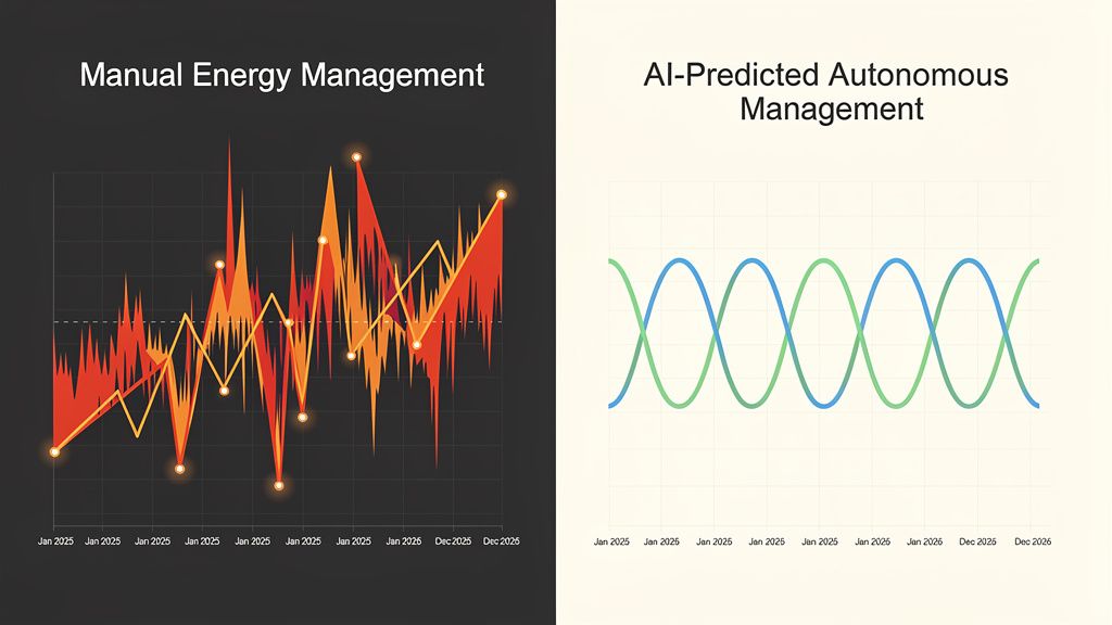 A split-screen graphic. Left side shows a chaotic, spiky graph labeled 