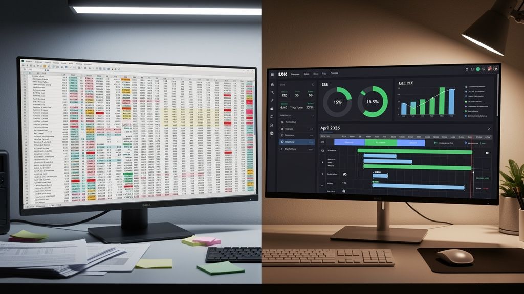 Photorealistic 3D render of a side-by-side comparison on an office desk. On the left, a computer monitor displays a cluttered, overwhelming spreadsheet with countless rows, inconsistent formatting, and #ERROR cells. On the right, a sleek, modern monitor shows a specialist manufacturing software dashboard with clean, intuitive data visualizations, OEE gauges, and a clear production schedule for April 2026. The mood is a stark contrast between chaos and control. The lighting is split: harsh, cool fluorescent light on the spreadsheet, and warm, focused light on the clean dashboard. Dominant colors are dull greys versus a sophisticated dark theme with vibrant green and blue accents. --ar 16:9