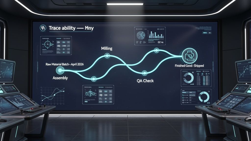 A clear traceability map on a screen, showing a product's journey from raw material to finished good