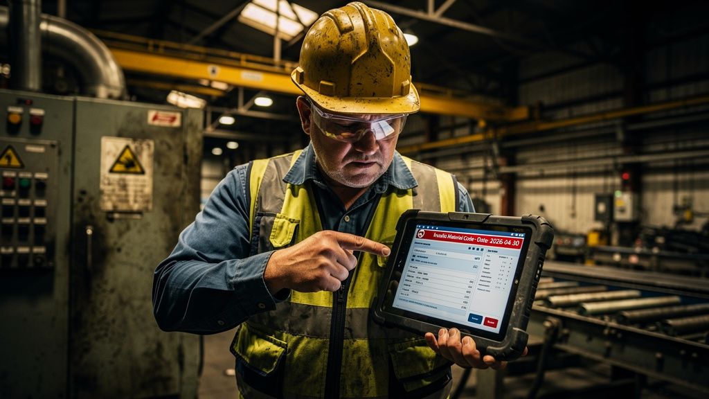 A factory worker pointing at a tablet screen showing a production order, looking frustrated