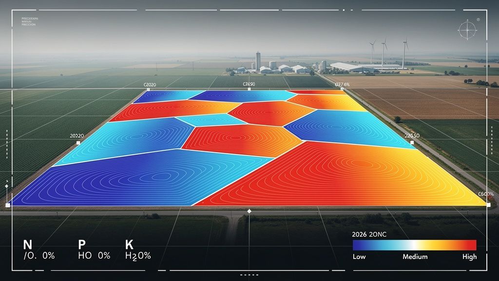 A sleek, high-tech digital illustration of a precision agriculture field map. The landscape-oriented map (16:9) displays a vast agricultural field divided into distinct, color-coded zones. Each zone, rendered with a gradient of vibrant blues, reds, and yellows against a backdrop of earthy greens and browns, precisely indicates varying nutrient and water requirements. This data-driven visualization, seen from a slightly elevated perspective, exudes a mood of advanced efficiency and intelligent resource management, highlighting the sophistication of farming in 2026.