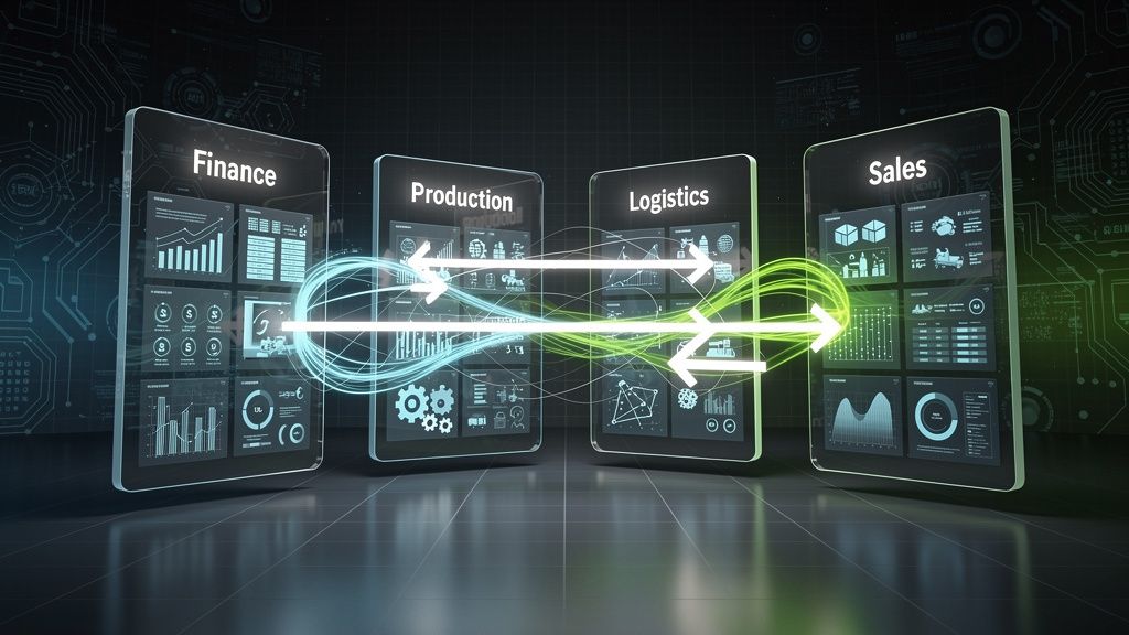 Diagrama mostrando a interconexão de diferentes módulos de um sistema ERP, como finanças, produção, logística, e vendas, com setas indicando o fluxo de dados entre eles.