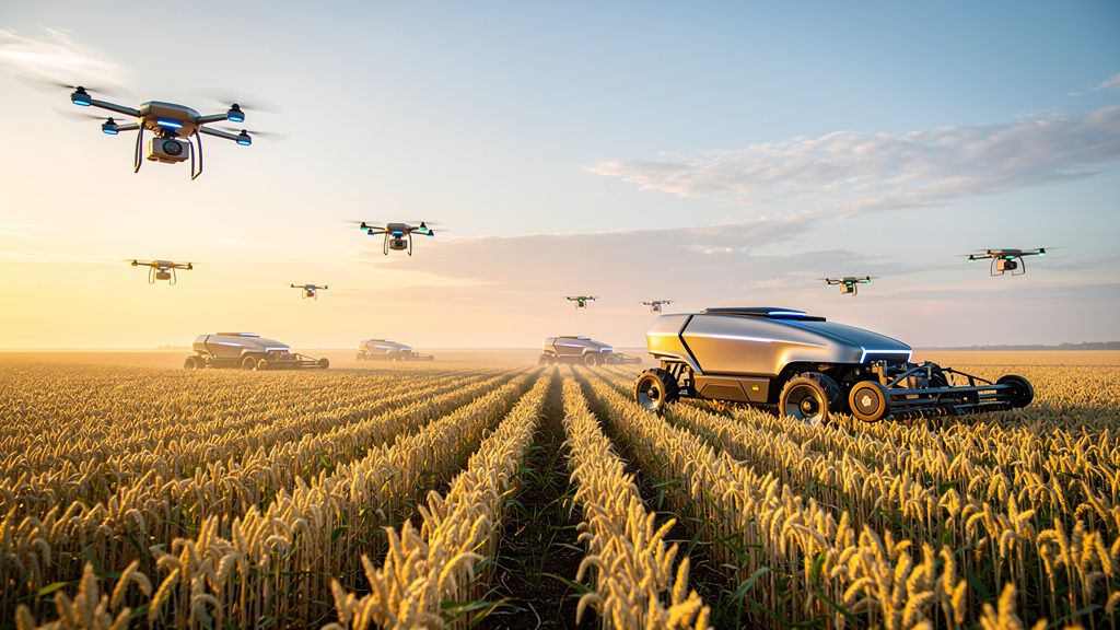 Campo de grãos vasto com drones sobrevoando e máquinas agrícolas autônomas trabalhando, simbolizando o agronegócio 4.0 e a tecnologia integrada ao campo.