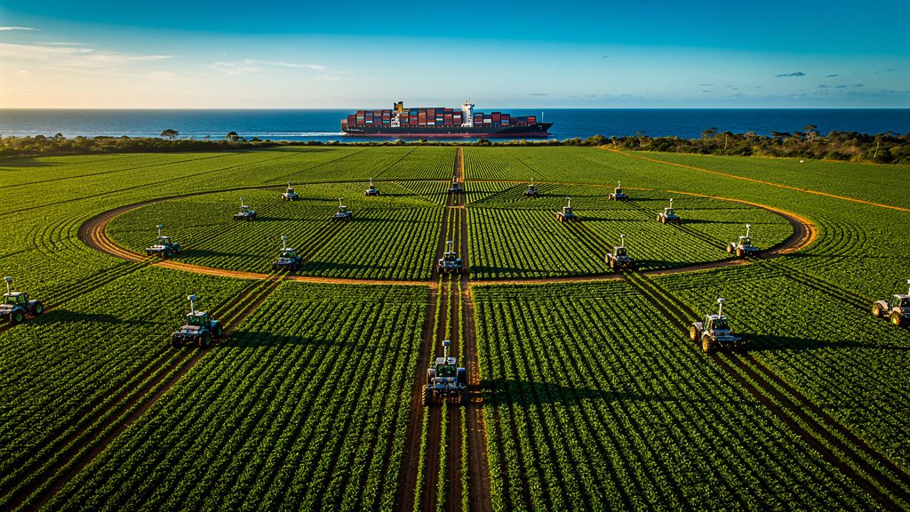 Uma vista aérea de grandes lavouras no Brasil, com tratores modernos trabalhando no campo e um navio cargueiro ao fundo, simbolizando a conexão entre a produção agrícola e a exportação global.