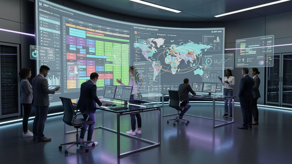 Uma imagem futurista de um centro de controle industrial, com telas mostrando dados de produção e logística, e engenheiros analisando gráficos de eficiência e desempenho de sistemas como ERP e APS.