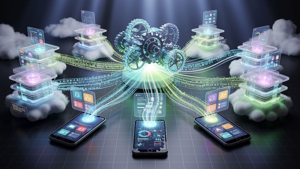 syneriumx-84-0 A futuristic and dynamic 3D render illustration depicting a sophisticated telecommunications network. Central to the image, glowing data streams and intricate digital gears represent AI optimizing internal processes, seamlessly flowing through fiber optic strands and cloud infrastructure. On the periphery, holographic projections of vibrant mobile app icons and intuitive smart interfaces emerge from connected smartphones and tablets, symbolizing enhanced user experiences. Dominant colors are electric blues, deep purples, and radiant greens, creating an atmosphere of innovation and advanced connectivity in 2026. The overall mood is cutting-edge and efficient. --ar 16:9