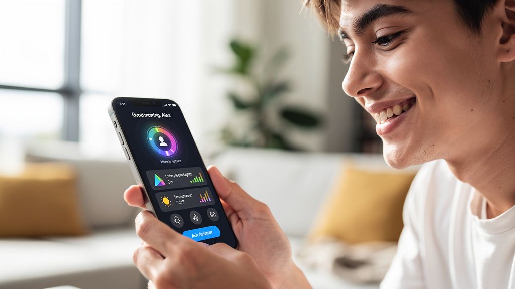 Uma pessoa sorrindo enquanto interage com um smartphone, que exibe uma interface de assistente virtual inteligente, talvez com gráficos de personalização de serviços ou controle de casa conectada.