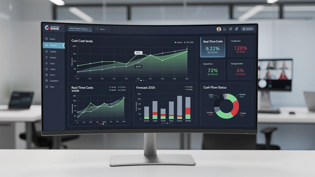 Um painel de controle financeiro detalhado exibindo métricas de custo, projeções e análises de desempenho para uma empresa em modelo híbrido, destacando a importância da gestão financeira em tempo real.
