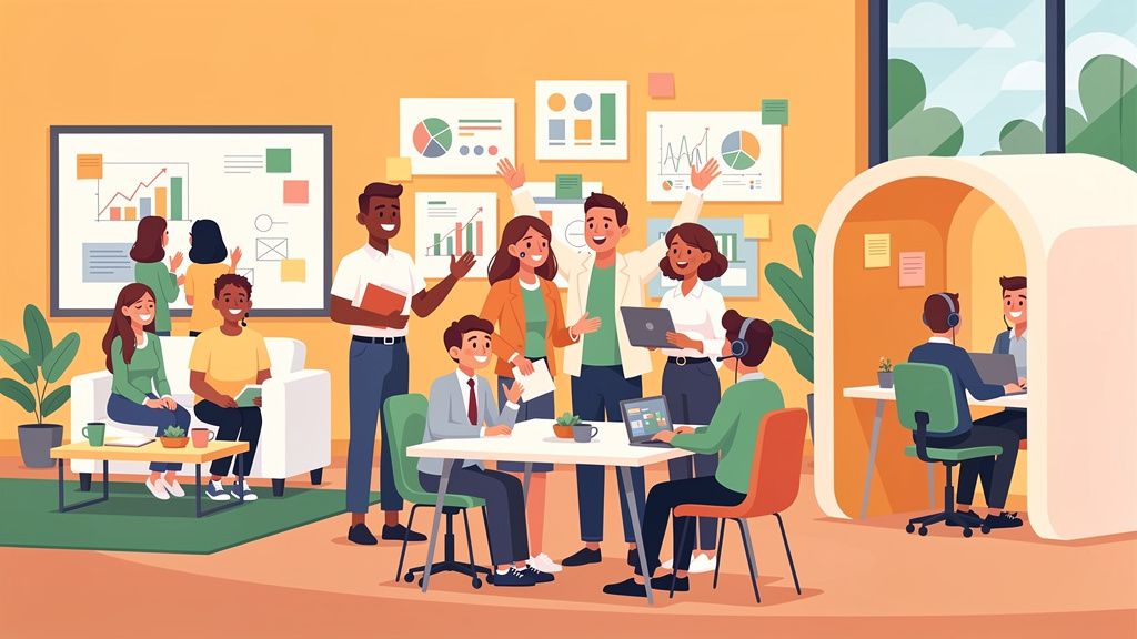 Um grupo diversificado de profissionais sorrindo e interagindo em um ambiente de escritório moderno, que integra espaços colaborativos e áreas de trabalho individuais, representando a harmonia entre o presencial e o remoto.