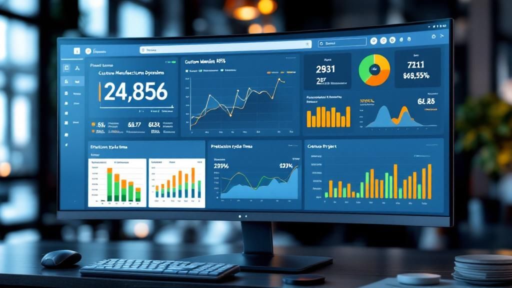A dynamic dashboard of SAP Business One Diamond showing key performance indicators (KPIs) like profit margin trends, inventory levels, production cycle times, and cost breakdown per project, presented in a clean, executive-friendly interface.